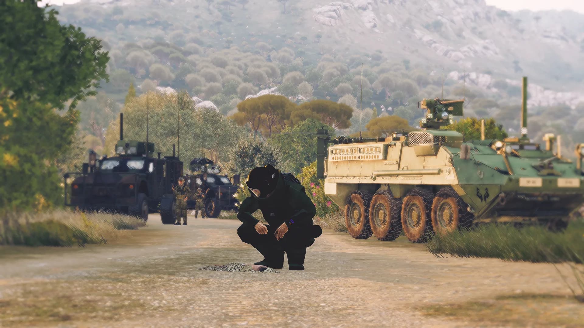 EOD technician working on a buried explosive device