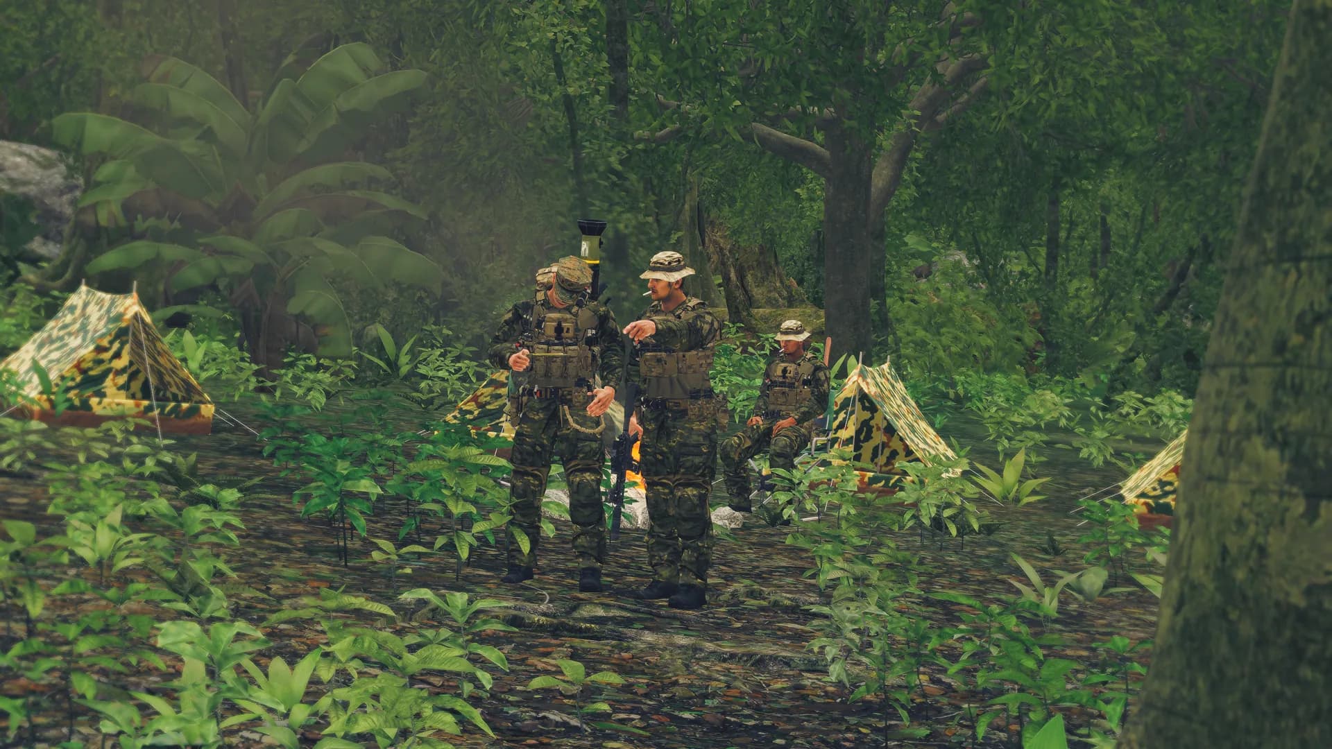 Patrol moving in file through dense jungle undergrowth