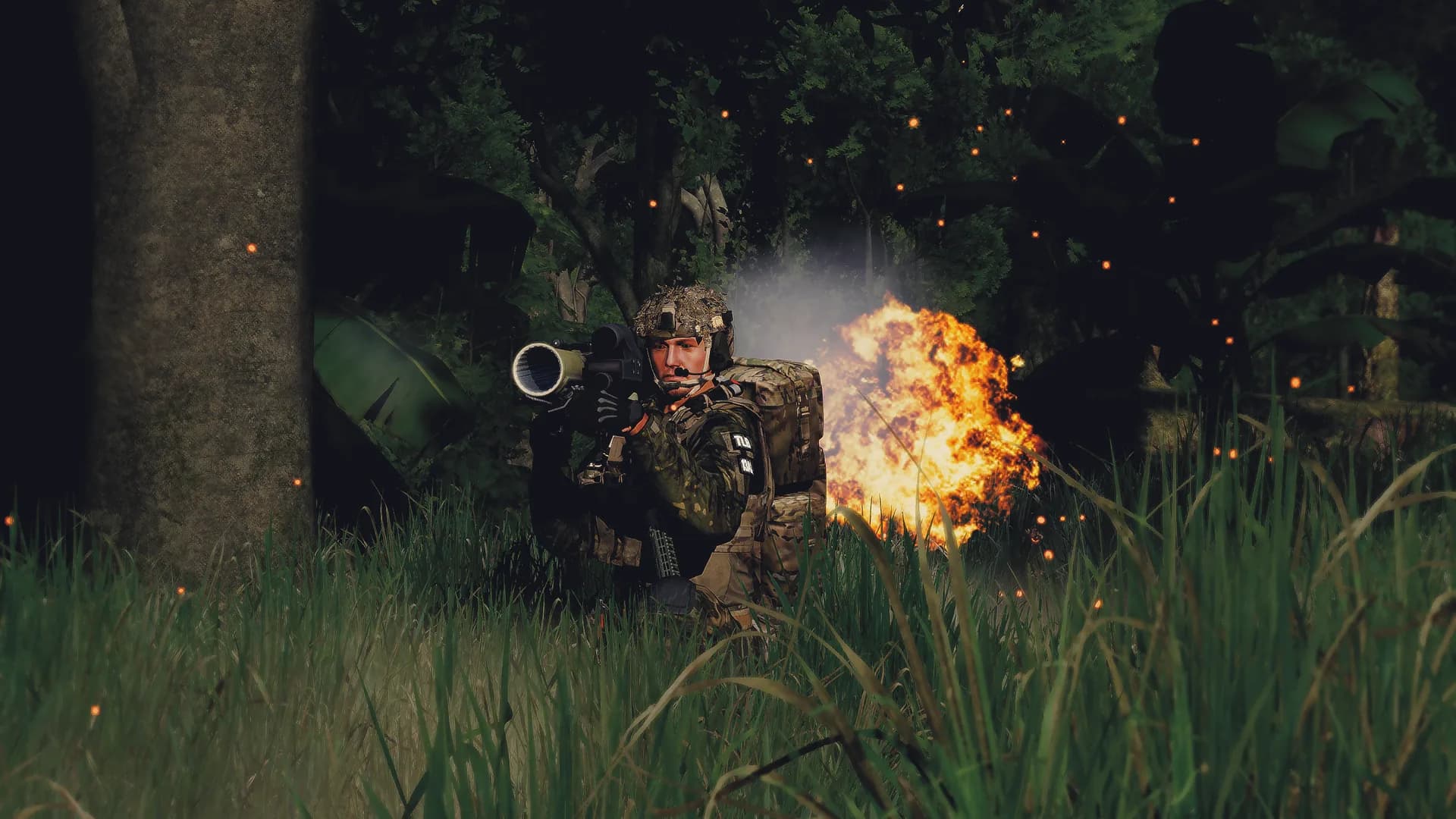 Anti-tank gunner in a firing position with a launcher shouldered