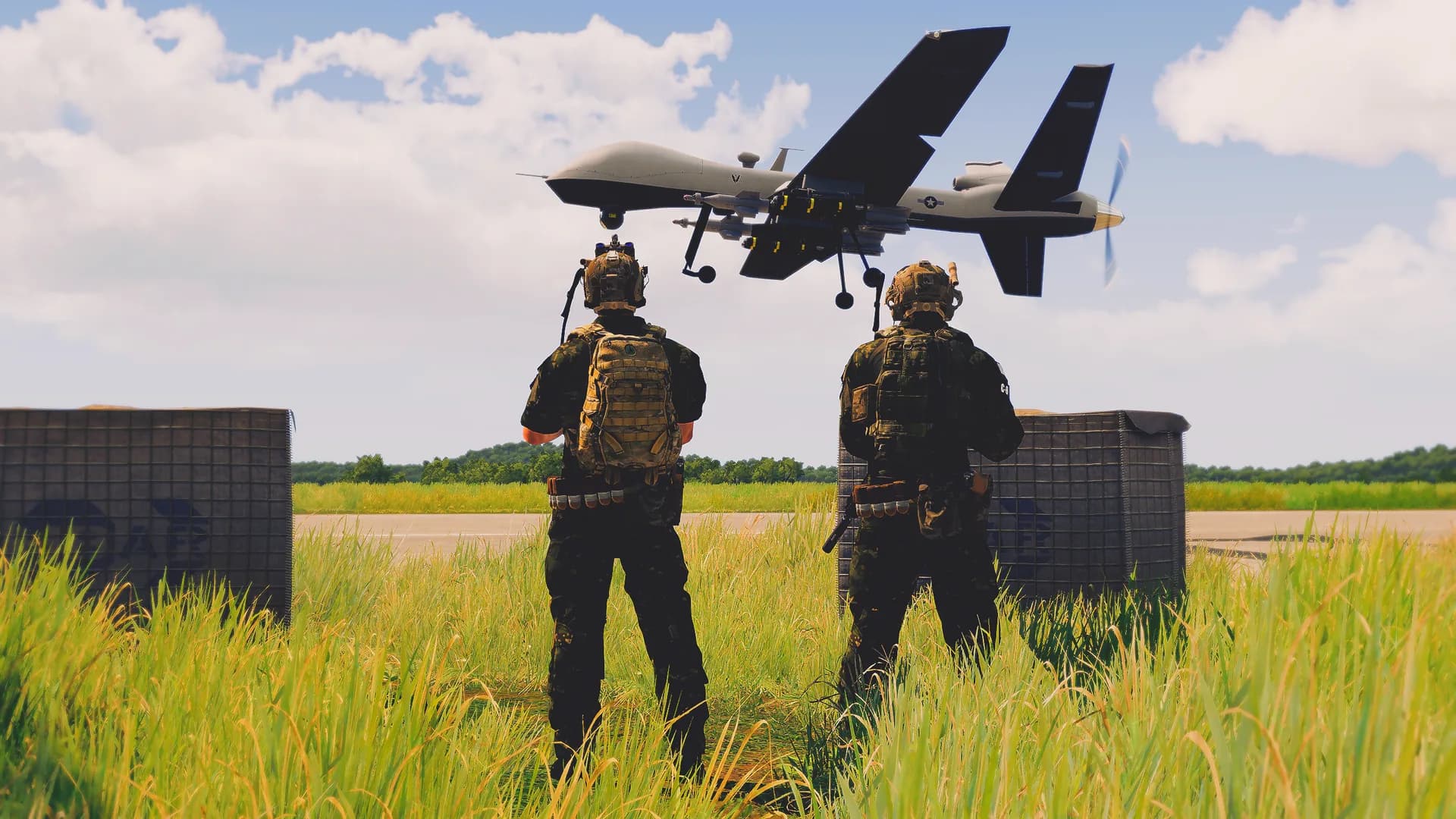 UAV team operating a drone from an airstrip